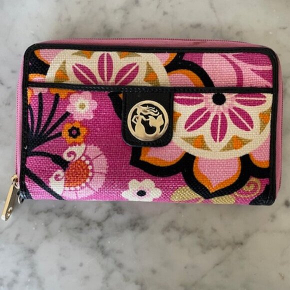 SPARTINA 449 Large Pink Floral Linen Leather Bi Fold Wallet Wristlet - Picture 1 of 16